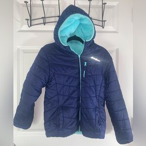 Eddie Bauer Reversible Blue Aqua Fleece Hooded Jacket Kids Large 14/16